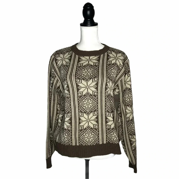 Vintage 1980s Steep Slopes Brown Cream Nordic Snowflake Ski Lodge Sweater - Picture 3 of 9